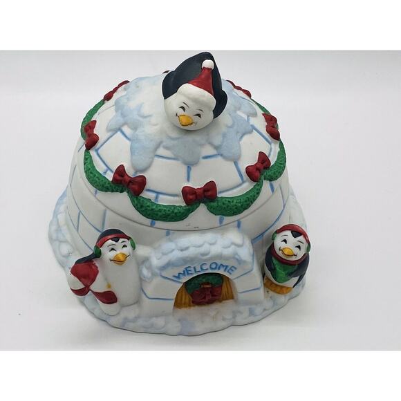 Figis 1995 Penguins On Igloo Trinket/candy Dish/Box With Lid Approx 4.5”x 5” - Picture 4 of 8